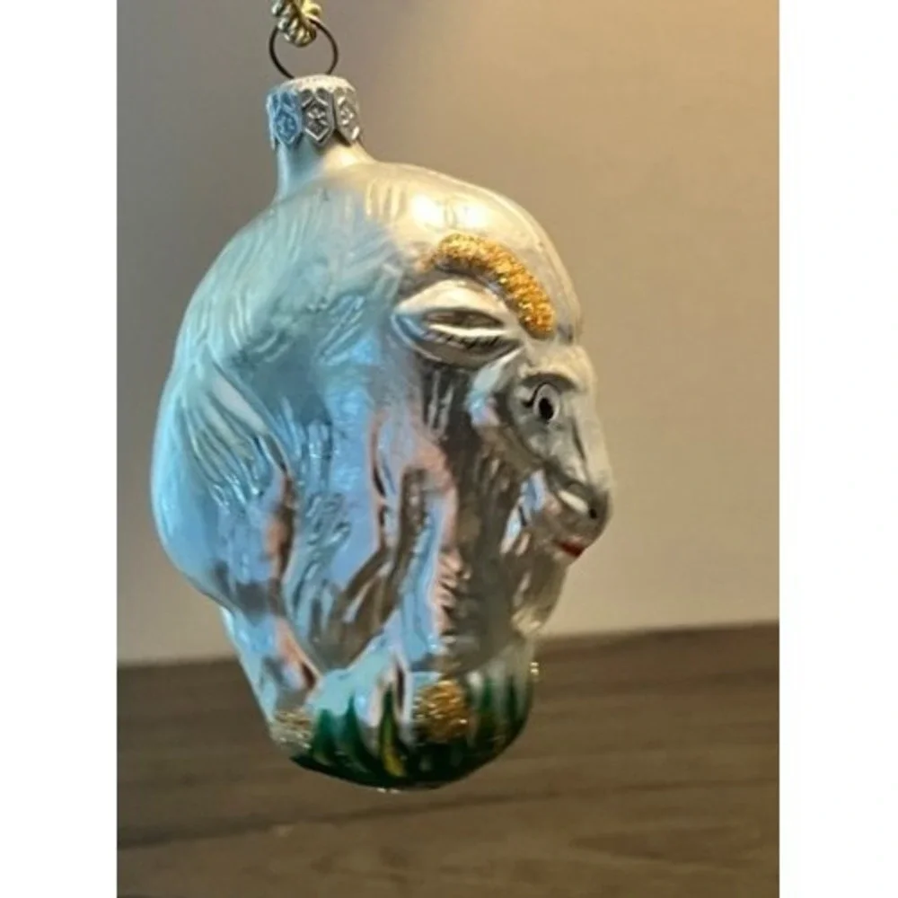 Vintage West Germany Hand Blown Glass Goat Christmas Ornament White Billy Goat